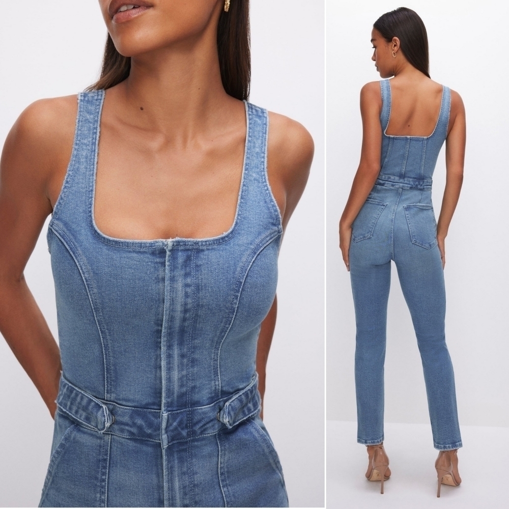 GOOD AMERICAN // sleeveless fit for success super soft stretch denim jumpsuit